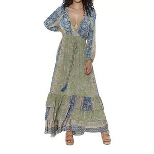 knee length dresses for ladies Raga Dresses Button Up V Neck Ruffle Trim Tassel Tie Printed Maxi Dress S / Ivory main image 0